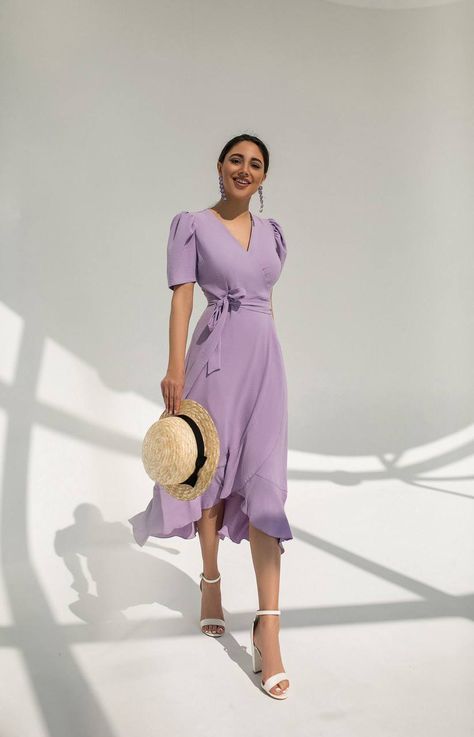 Beautiful Wrap Dresses, Pastel Casual Dress, Lilac Wrap Dress, Lavender Dresses For Women, Pastel Dresses Casual, Formal Midi Dress With Sleeves, Lavender Dress Outfit Casual, Summer A-line Crepe Dress, Lavender V-neck Dress For Formal Occasions