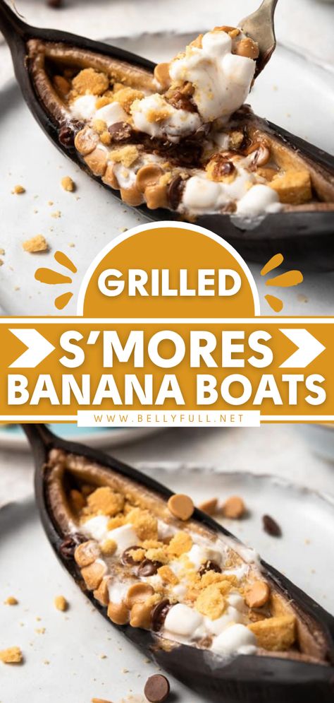 Grilled S’mores Banana Boats Oven Banana Boats, Camping Banana Boats, Grilled Pb And Banana, Smores Banana Boat, Grilled Banana Boats, Banana Marshmallow Chocolate Oven, Grilled Smores, Fried Honey Bananas, Banana Boats