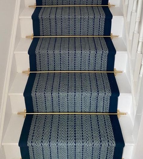 Stair Runner Gallery - Wholesale Carpets Navy Carpet Runner On Stairs, Carpet Runner On Stairs Victorian, Navy Stair Runner Carpet, Brass Stair Rods Carpet Runner, Navy Carpet Stairs, Stair Runner With Brass Rods, Stair Rods Carpet Runner, Navy Staircase, Navy Stairs