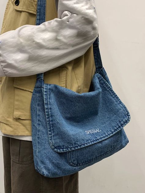 Letter Embroidered Flap Denim Hobo Bag Diy Hobo Bag, Denim Hobo Bag, Denim Quilt Patterns, Denim Crafts Diy, Collection Ideas, Denim Art, Denim Crossbody, Oversized Earrings, Denim Quilt