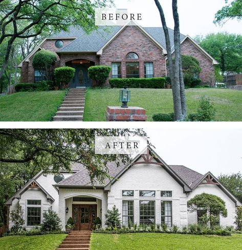 Best House Exterior Renovations By Joanna Gaines; Here are the best before and after reveals on the show Fixer Upper. House Front, Curb Appeal and Home Front. || Southern House, bungalow, brick painted Best House Exterior, Painted Brick Exteriors, 80s House, Exterior House Renovation, Architecture Renovation, Painted Brick House, House Makeovers, Hitching Post, Home Exterior Makeover