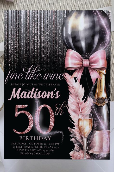 Rose Wine Luxury 50th Adult Birthday Invitation Wine Luxury, 50th Birthday Invitation, Birthday Glitter, Woman Birthday, 50th Birthday Invitations, Adult Birthday Invitations, Birthday Design, Birthday Woman, 40th Birthday