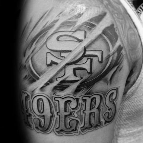 Black And Grey Ink San Francisco 49ers Ripped Skin Mens Upper Arm Tattoo 49er Tattoos, 49ers Tattoo, 49ers Design, San Francisco 49ers Art, Upper Arm Tattoos For Guys, Pinterest Tattoo Ideas, Sf Niners, California Tattoo, 49ers Players