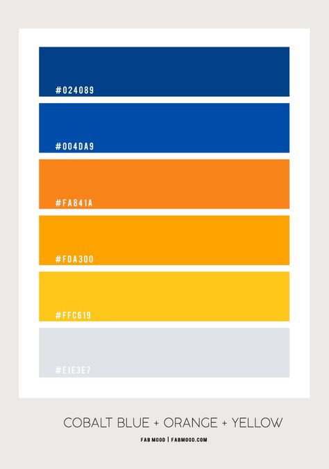 Cobalt Blue, Orange and Yellow Color Scheme – Color Palette #71 1 - Fab Mood | Wedding Colours, Wedding Themes, Wedding colour palettes Colour Palette Yellow Blue, Yellow And Orange Palette, Cobalt Blue Colour Palette, Yellow Color Combo, Cobalt Blue Color Scheme, Cobalt Blue Palette, Cobalt Blue Color Combinations, Bright Orange Color Palette, Blue And Orange Branding