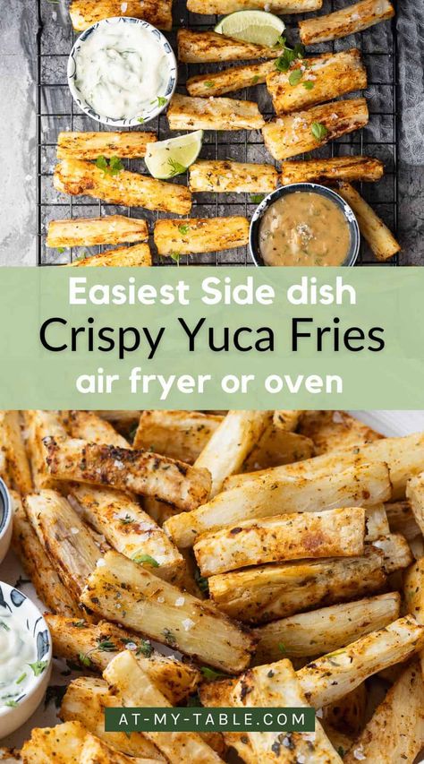 Need an easy side dish for dinner or a BBQ? These crispy yuca fries are perfect! Made in the air fryer or oven, they are seasoned with traditional Brazilian spices and lime. Naturally gluten-free and low glycemic, these fries are a unique and delicious addition to any meal. Fried Yuca Fries, Yuca Fries Air Fryer, Yuca Recipes, Unique Side Dishes, Healthy Plant Based Recipes, Quick Weeknight Dinners, Vegan Gluten Free Recipes, Brazilian Food, Gf Recipes