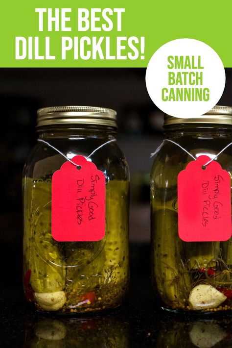 The Best Dill Pickles - have you tried small batch canning?  This water bath canning recipe makes about 3 quarts of the best dill pickles you have ever eaten!  Garlicky with a little heat. Dill Pickle Water Bath Canning Recipe, Water Bath Dill Pickles, Water Bath Pickle Recipe, Ball Dill Pickle Canning Recipe, Small Batch Pickles Canning, Small Batch Dill Pickle Recipe Canning, Canning Cupboard, Cucumber Dishes, Small Batch Canning