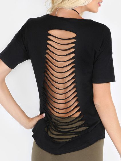 Ladder cutout distressed tshirt - Distressed T Shirt - Ideas of Distressed T Shirt #distressedshirts #distressesdtshirt -  Heart beat cutout distressed tshirt Diy Cutout Shirt, Black Ripped Shorts, Easy Diy Fashion, Cut Up T Shirt, Cut Shirt Designs, Diy Cut Shirts, Cutout Shirts, Cut Tee Shirts, Cut Up Shirts