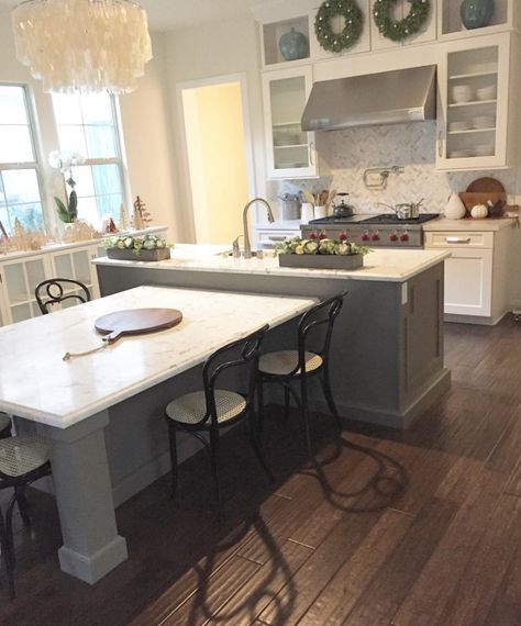 LUV this island!  Kitchen | My House of Four | Instagram Island With Drop Down Table, T Island Kitchen Layout, Kitchen Island Dining Table Combo, T Shaped Kitchen Island, Kitchen Island Table Combo, Kitchen With White Cabinets, Kitchen Island Dining Table, Unique Kitchen Design, Small Kitchen Tables