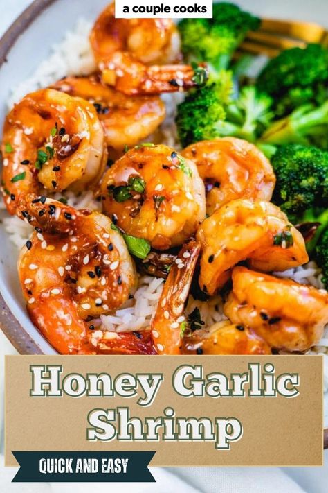 This honey garlic shrimp is so irresistible, you'll want to eat it every night! A sweet savory glaze covers succulent shrimp, and it's done in 10 minutes. #honey #garlic #shrimp #honeygarlicshrimp #garlicshrimp #honeyshrimp #easyshrimp Honey Shrimp, Honey Garlic Shrimp, Vegan Brunch Recipes, Creamy Shrimp Pasta, Winter Salad Recipes, Salad Dressing Recipes Healthy, A Couple Cooks, Walnut Shrimp, Healthy Honey