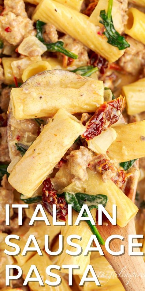 Rigatoni With Sausage And Spinach, Italian Sausage Sun Dried Tomato Pasta, Pasta Sausage Sundried Tomatoes, Ground Sweet Italian Chicken Sausage Recipes, Pasta Sausage Spinach Recipes, Sun Dried Tomato Sausage Pasta, Spicy Italian Sausage Pasta Recipes, Pasta With Italian Sausage And Spinach, Penne Pasta With Italian Sausage And Spinach