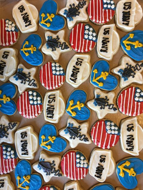 Navy Cookies United States, Us Navy Cookies, Boot Camp Graduation Party, Navy Cookies, Navy Bootcamp, Navy Boot Camp Graduation, Navy Retirement, Ball Cookies, Navy Ball