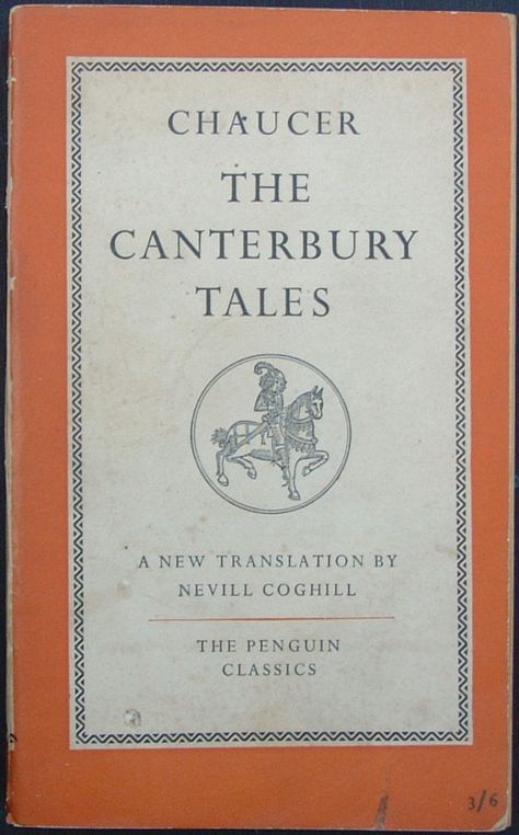 Series No.: L22 Title: THE CANTERBURY TALES Author: Geoffrey Chaucer Translated: by Nevill Coghill Cover roundel: from woodcut in Wynkyn de Worde's edition, 1948 Series Editor: E. V. Rieu Date Published: July 1951 Pages: 528pp. Printer: William Clowes and Sons Ltd Price: 3/6d. Chaucer Canterbury Tales, Library Rooms, The Canterbury Tales, Geoffrey Chaucer, Penguin Books Covers, Literature Lessons, Penguin Publishing, Canterbury Tales, Unique Postcards