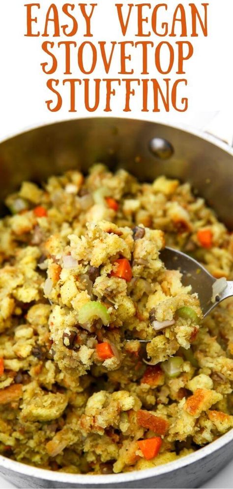 This easy vegan stovetop stuffing is packed with veggies and full of flavor. Perfect for Thanksgiving or holiday dinners or just any old time you want delicious comfort food without much fuss. thehiddenveggies.com Gluten Free Vegan Stuffing Recipes, Best Vegan Thanksgiving Recipes, Easy Vegan Stuffing, Gluten Free Vegan Stuffing, Stuffing Recipes Vegan, Best Vegetarian Stuffing Thanksgiving, Meatless Stuffing Thanksgiving, Stuffing Recipes No Meat, Stuffing Vegan