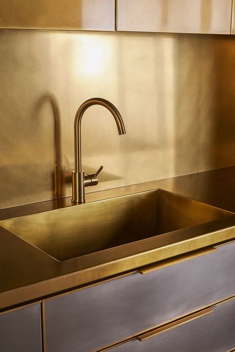 Metal Sink, Brass Kitchen, Gold Kitchen, Custom Kitchens, Metal Kitchen, Copper Kitchen, Steel Kitchen, Wood Cabinets, Kitchen Backsplash