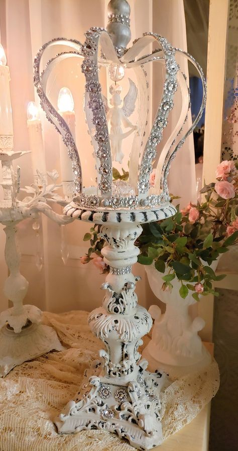 Crown Pedestal Angel Jeweled Embellished Rhinestones Ornate Romantic French Country Cottage Core Stunning larger crown on a pedestal.  The crown is embellished with rhinestones and also has an angel suspended inside.  The pedestal it sits on has been painted a soft white and is also embellished with rhinestones.  The pedestal is very ornate and is the perfect backdrop for the crown.  A beautiful display for your mantel or sideboard.  Its a custom piece and a one-of-a-kind,.   The crown measures French Country Crafts, Country Cottage Core, Spindle Crafts, Crown Decor, Shabby Chic Antiques, Wedding Hair Jewelry, Romantic Shabby Chic, Shabby Chic Crafts, French Country Cottage