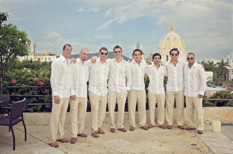 Guayabera Groomsmen, Guayabera Outfit For Men Wedding, Guayabera Wedding Outfit, Guayabera Outfit, Guayabera Wedding, Beach Wedding Groom Attire, Cartagena Wedding, Vintage Rose Wedding, Beach Wedding Groom