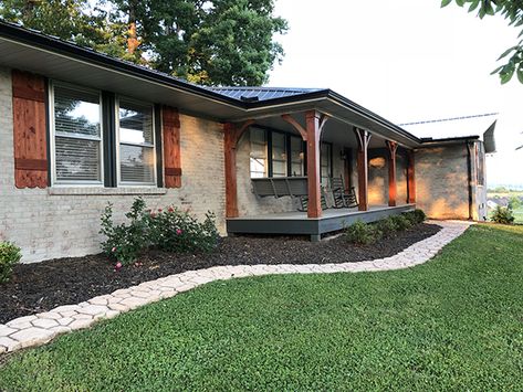 Dave and Brittany’s Rancher Updates | Less Than Perfect Life of Bliss | home, diy, travel, parties, family, faith Brick Ranch Houses, Cool Basement, Renovation Exterior, Ranch House Remodel, Ranch House Exterior, Painted Brick House, Exterior House Remodel, House Front Porch, Ranch Remodel