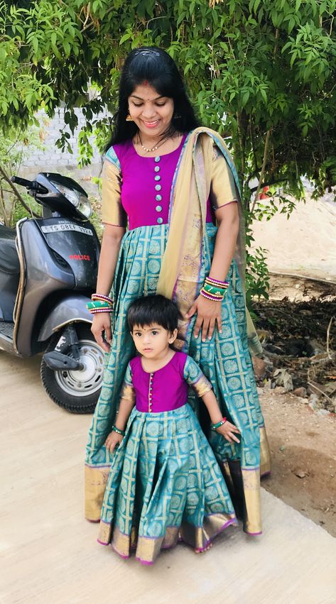 Semi Kanchi long frocks Mother Daughter Long Frocks, Mother And Daughter Long Frocks, Mom And Daughter Long Frocks, Pattu Long Frocks For Kids, Pattu Gown, Long Frocks For Kids, Mom Daughter Matching Dresses, Mom And Baby Dresses, Cotton Frocks For Kids