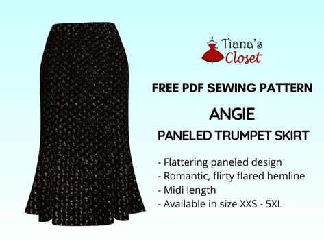 Angie paneled trumpet skirt – free PDF sewing pattern – Tiana's Closet Sewing Patterns Skirt Free, Long Skirt Free Pattern, Long Skirt Pattern Free, Trumpet Skirt Pattern, Skirt Patterns Sewing Free, Long Skirt Sewing Pattern, Paneled Skirt Pattern, Midi Skirt Sewing Pattern, Skirt Sewing Pattern Free