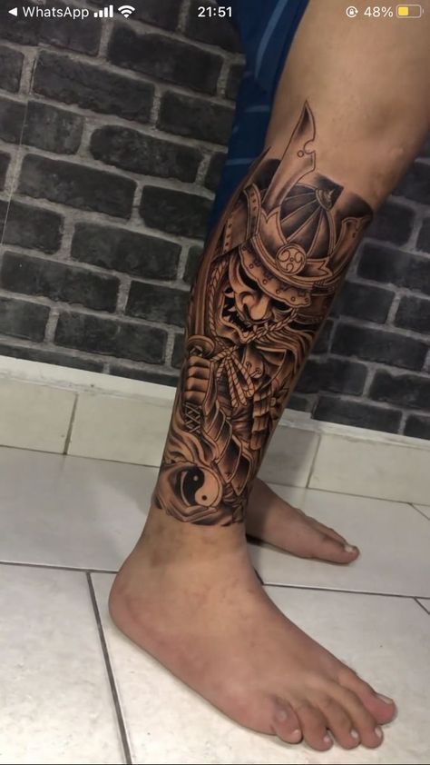 Half Leg Tattoo Men Sleeve Japanese, Samurai Leg Tattoo Men, Leg Tattoo Men Japanese Style, Calf Sleeve Tattoo, Samurai Tattoo Sleeve, Calf Tattoo Men, Japanese Leg Tattoo, Leg Sleeve Tattoos, Leg Tattoo Ideas