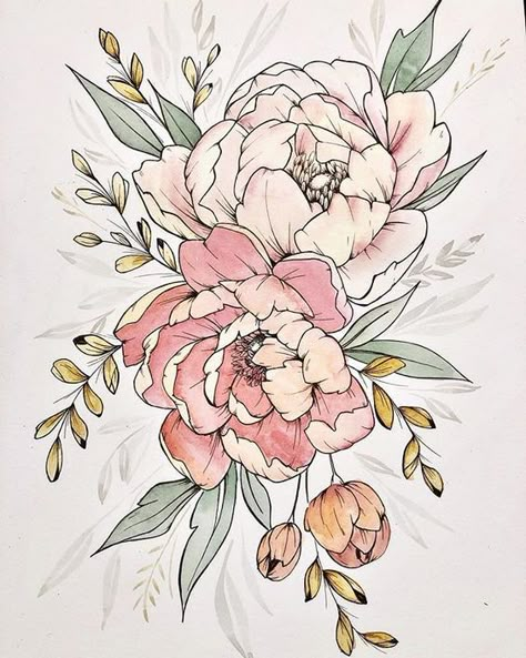 Peony Flower Tattoo Design, Bunch Of Flowers Drawing, Peonies Drawing, Peony Illustration, Peony Drawing, Flower Line Drawings, Floral Line Art, Fabric Painting Techniques, Flower Drawing Tutorials