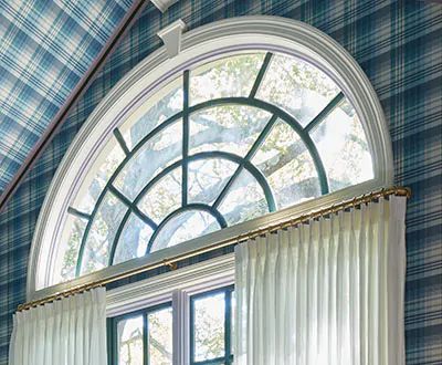 Curtains for Arched Windows: Design Tips Tall Arched Window Treatments, Arch Window Curtain Ideas, Curtain For Arched Window, Half Circle Window Curtains, Curtains On Curved Window, Half Moon Window Covering Ideas, Arched Windows Living Room, Types Of Drapes, Window Treatments For Arched Windows