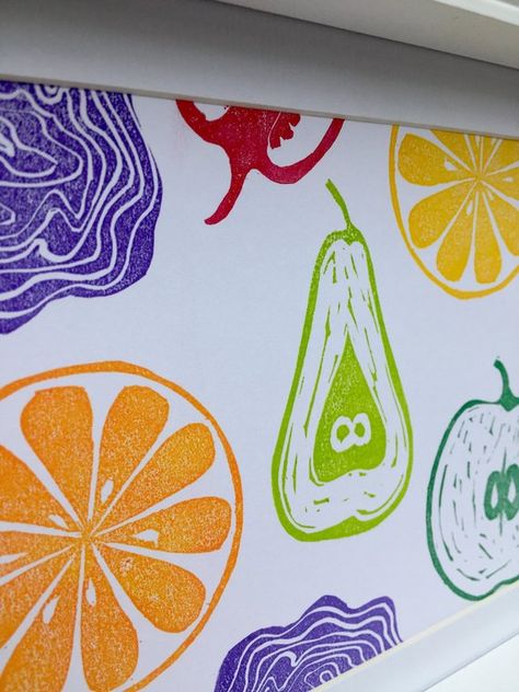 Lino Cut Art, Art For The Kitchen, Fruit Art Kids, Funky Fruit, Kitchen Handmade, Food Wall Art, School Murals, Wall Murals Painted, Lino Cut