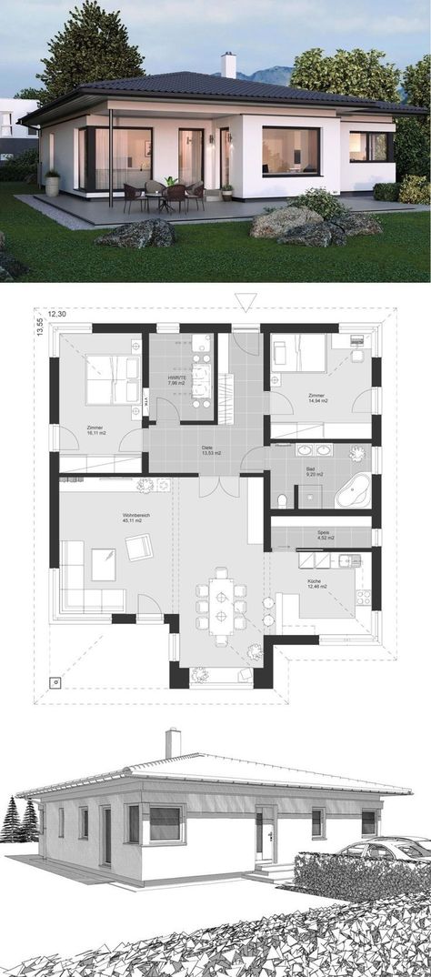 Architecture Design House, Bungalow House Floor Plans, House Architecture Styles, House Design Exterior, House Layout Plans, Layout Architecture, Modern Bungalow, Bungalow House, Modern House Plans