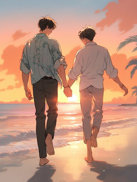 Gay Poses Drawing Reference, Anime Summer, Beautiful Angels Pictures, Summer Illustration, Amazing Drawings, Cute Couple Art, Anime Love Couple, Romantic Art, Gay Art