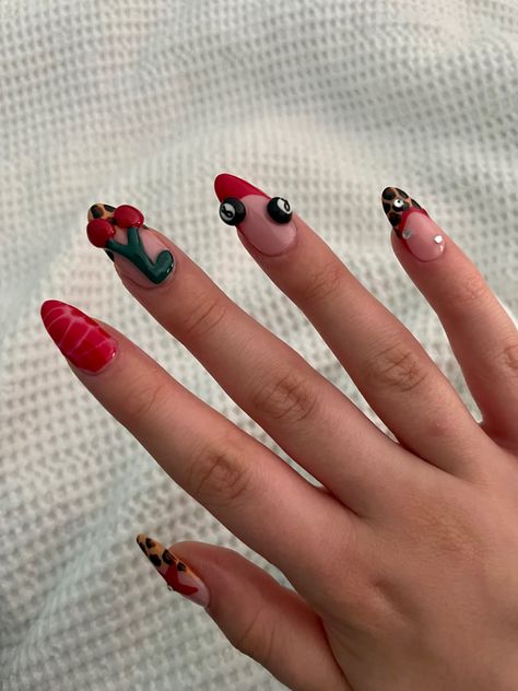 Cherry And Leopard Nails, Cheetah Cherry 8 Ball Nails, Cheetah And Cherry Nails, Nails With Leopard Print, Cheetah Nails With Cherries, 8 Ball Design, Nails For Autumn, Red Lepord Print Nail, Autumn Birthday