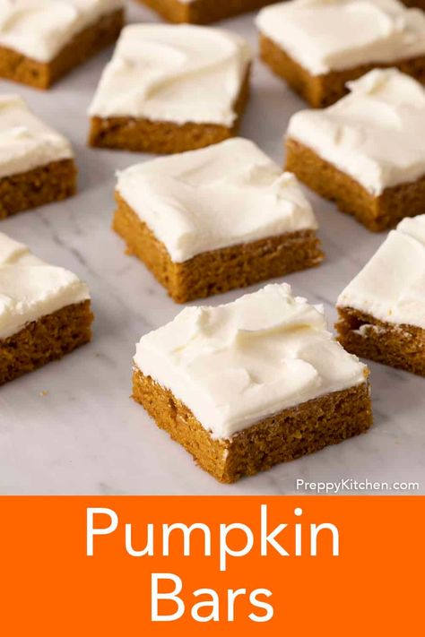 You'll love these soft, richly-spiced pumpkin bars from Preppy Kitchen topped with silky cream cheese frosting. My classic pumpkin bars are the perfect Fall treat; an easy to make pumpkin spice treat, topped with the best frosting ever, cut into perfectly sized squares. #bestpumpkinbars #bestpumpkindessert #pumpkinbars Best Pumpkin Bars, Pumpkin Bars Recipe, Easy Pumpkin Bars, Pumpkin Spice Treats, Pumpkin Squares, Pumpkin Cravings, Creamy Frosting, Cheesecake Oreo, Frozen Pumpkin