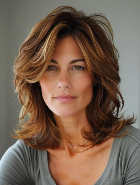 Stylish Medium Length Hair with Layers: Best Hairstyles and Cuts for All Textures Medium Layers Hairstyles, Medium Length Round Layers, Extreme Layers Medium Hair, Clavicle Length Hair With Layers, Heavy Layered Medium Hair, Layered Shoulder Length Hair With Bangs, Medium Length Hair With Layers Side Part, Diane Keaton Hairstyles, 2024 Haircut