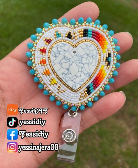 Beaded Items, Beadwork Designs, Heart Earring, Beaded Lanyard, Native American Beadwork, Yellow Heart, Id Badge Reels, Native American Beading, Bead Work Jewelry