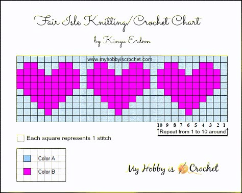 A Hat With Love - Free Crochet Pattern with Video Tutorial and Graph Fair Isle Heart Pattern, Heart Fair Isle Chart, Heart Knitting Chart, Love Crochet Pattern, Fair Isle Knitting Patterns Charts, Knitting Patterns Charts, Fair Isle Crochet, Crochet Pattern Written, Fair Isle Chart