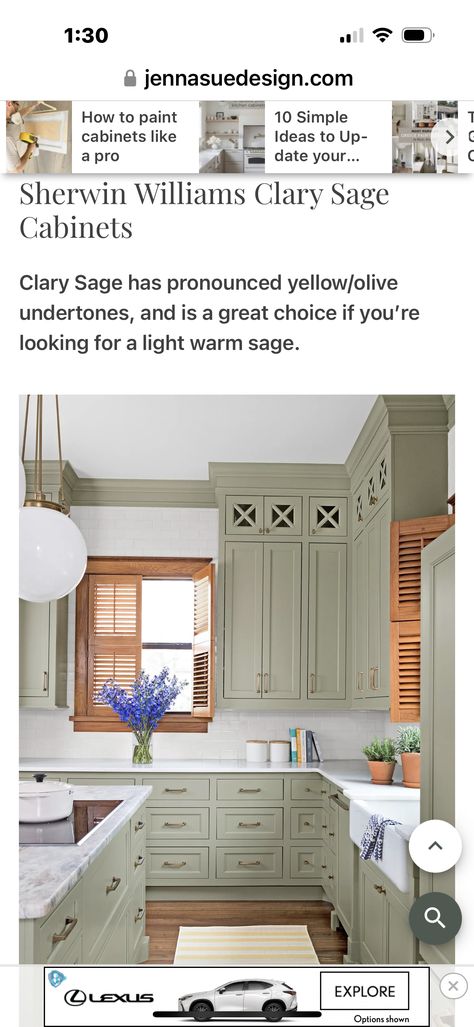 Sherwin Williams Clary Sage Cabinets, Clary Sage Kitchen, Sherwin William, Sage Kitchen, Greige Paint, Save For House, Black Kitchen Cabinets, Clary Sage, Color Inspo