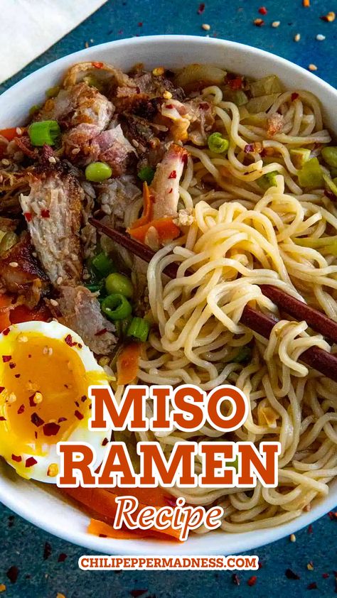 This miso ramen recipe is huge on flavor and easy to make with seasoned chicken broth, miso, pork, ramen noodles, perfectly jammy eggs and a touch of fiery doubanjiang. Incredibly satisfying. When it comes to noodle soup, ramen reigns supreme. It’s the ultimate noodle soup, really, comfort food at its finest, classic in so many ways. Best Ramen Recipe, Miso Ramen Recipe, Miso Pork, Top Ramen Recipes, Ramen Noodle Recipes Soup, Jammy Eggs, Ramen Noodle Recipes Easy, Ramen Soup Recipes, Miso Recipe