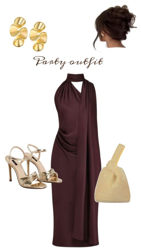 Elevate your style with this stunning ensemble featuring a chic scarf neck coffee satin dress paired with sleek heels. Perfect for any special occasion or a night out, this outfit exudes sophistication and elegance. The luxurious satin fabric drapes beautifully, while the scarf neck adds a touch of flair to the look. Paired with classic heels, this ensemble is a timeless choice that will make you stand out from the crowd. Get ready to turn heads and make a statement in this stylish and glamorous outfit. Dress With A Scarf, Night Party Outfit, Sweet Outfits, Chic Scarf, Classy Party, Party Outfits Night, Glamorous Outfits, Chic Scarves, Party Fits