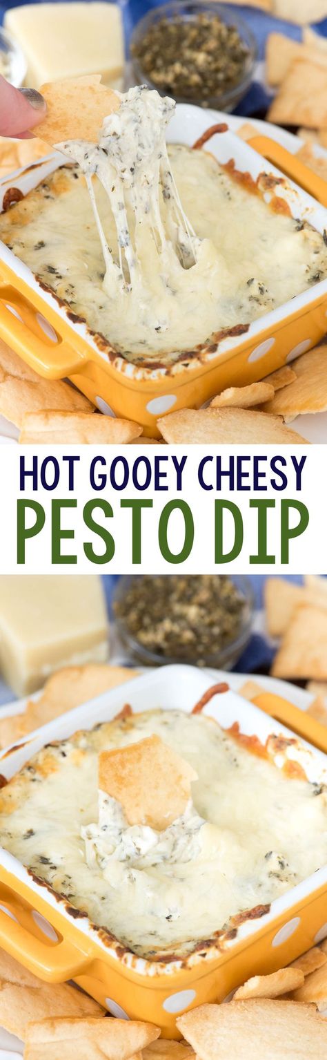 Hot Cheesy Pesto Dip - this super EASY appetizer is the perfect dip! Just 5 ingredients make a gooey cheesy dip full of basil and garlic pesto flavor! Chicken Pesto Dip, Birthday Dinner Ideas For Her, Birthday Dinner Ideas, Super Easy Appetizers, Garlic Pesto, Pesto Dip, Cheese Mozzarella, Cheesy Dip, Cheese Chips