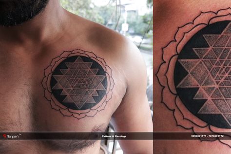 Sri Yantra Tattoo Dot work mandala sacred Design  Artist :- Mahi Tailor  Call/Whatsapp: 9099801171 for appointments. (Chandkheda: 7878601172 Sri Yantra Tattoo, Tattoo Dot Work, Dot Work Mandala, Yantra Tattoo, Egyptian Tattoo, Sri Yantra, Chest Tattoo, Creative Tattoos, Call Whatsapp