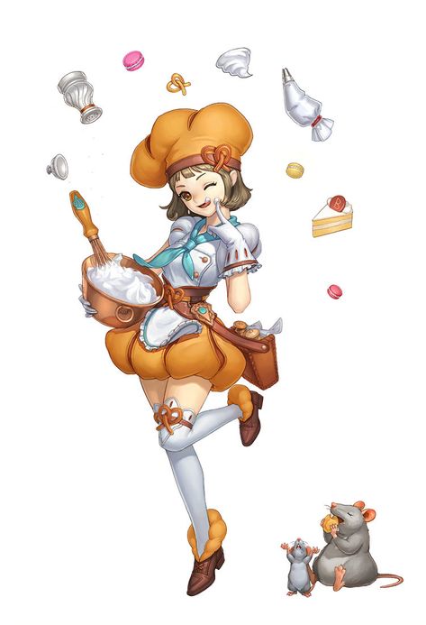 ArtStation - baker, kko Dessert Character Design, Researcher Character Design, Baker Character Design, Baker Character, Witch Characters, D D Character Ideas, Caracter Design, Chef Clothes, Crazy Ideas