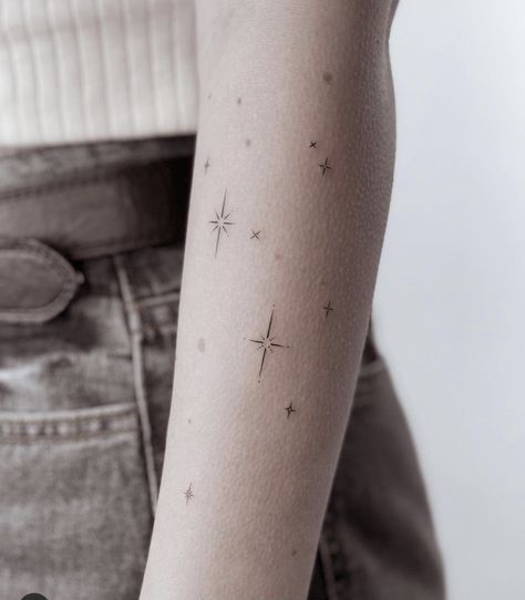 Fine Line Galaxy Tattoo, Stars Tattoo Arm, One In A Million Tattoo, Milkyway Tattoos, Star Tattoo Sleeve, Constellation Tattoo Sleeve, Tattoo With Sparkles, Star Cluster Tattoo, Sparkle Tattoos