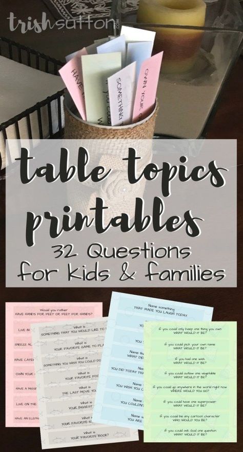 Table Topics, Conversation Starters, 20 Questions or Icebreakers all equate to a fun way to get kids talking. Printable 32 Questions for Kids & Families. TrishSutton.com Dinner Table Games, Family Conversation Starters, Table Topics, Conversation Starters For Kids, Questions For Kids, Thanksgiving Games For Kids, Family Conversation, Dinner Games, Gratis Printables