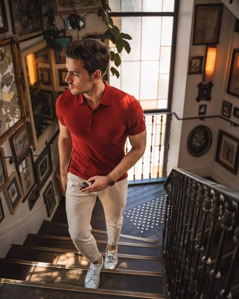 MEN ABOUT FASHION on Instagram: “Walking upstairs in style! What do you think about red polo fit? 👌🏻 ⁣ ⁣ ⁣ ⁣ ⁣ ⁣ ⁣ ⁣ ⁣ ⁣ ⁣ ⁣ ⁣ ⁣ ⁣ ⁣ ⁣ ⁣ ⁣ #mensstreetstyle #absolutebespoke…” Men’s Red Shirt Outfit, Red Polo Shirt Outfit Men Aesthetic, Maroon Polo Outfit Men, Red Shirt Outfit Men Casual, Polo Fits For Men, Summer Polo Outfits Men, Man Red Outfit, Red Tshirt Outfit Mens, Polo Tshirt Men Outfit Casual