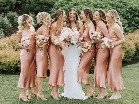 Satin Peach Bridesmaid Dresses, Burnt Peach Bridesmaid Dresses, Peach Bridal Party, Light Peach Bridesmaid Dresses, Peach Wedding Dresses, Peach Color Bridesmaid Dresses, Bridesmaid Dresses Peach, Pink And Peach Wedding, Peach And Gold Wedding