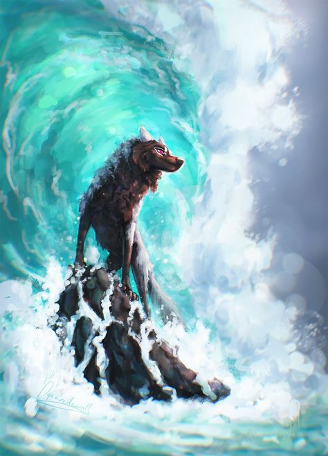 Water Wolf Fantasy Art, Water Wolf, Wolf Digital Art, Sea Wolf, Underwater Drawing, Magical Wolf, Holiday Card Inspiration, Wolf Character, Fantasy Wolf