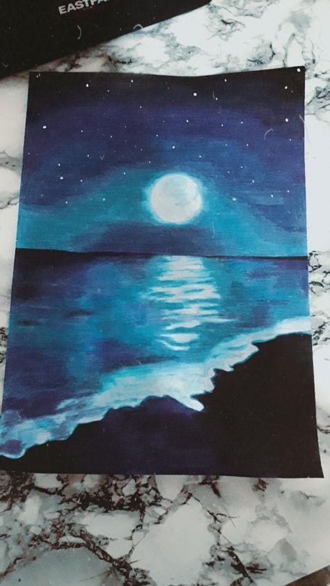 Beach At Night Painting Easy, Beach Silhouette Painting, Night View Painting Easy, Night Sky Beach Painting, Beach At Night Drawing, Ocean View Painting, Night Drawing Easy, Beach At Night Painting, Night Beach Painting