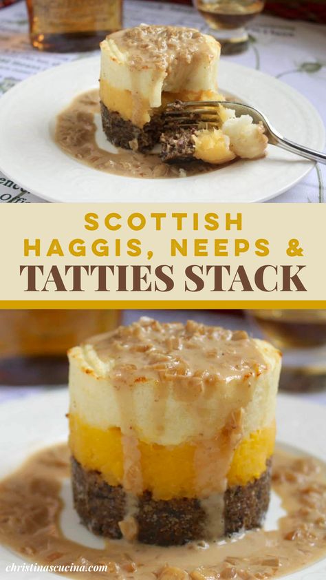 Haggis, Neeps and Tatties Stack for Burns Night is an example of how haggis can be served in the most enticing and beautiful manner. No, haggis isn’t the only thing Scots eat, but like anything else, if the quality is good, it’s delicious! Burns Night Recipes, Haggis Recipe, Haggis Neeps And Tatties, Whisky Sauce, Burns Supper, Great British Food, Scottish Dishes, Uk Recipes, Scottish Recipes