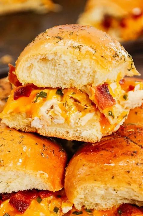 Chicken Bacon Ranch Sliders - THIS IS NOT DIET FOOD Camp Dinners, Chicken Bacon Ranch Sliders, Bacon Ranch Sliders, Sandwich Night, Ranch Sliders, Chicken Bacon Ranch Sandwich, Finger Sandwich, Bunco Ideas, Shower Appetizers