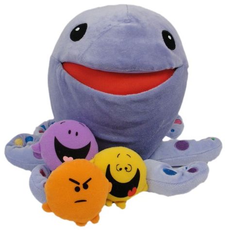 Huggtopus soft toy (by Kimochis)  Kimochi means "feeling" in Japanese. Kimochis characters come with small pillows with a feeling (happy, sad, silly, brave…) printed on one side, and a corresponding facial expression on the other. A how-to Kimochis Feel Guide is also included introducing the personalities of each character and offering parents easy tips and engaging activities to help strengthen the parent-child connection and teach children to identify and express feelings in positive ways. Play Therapy Toys, Gottman Institute, Express Feelings, Therapy Toys, How To Express Feelings, Facial Expression, Small Pillows, Too Cool For School, School Counseling