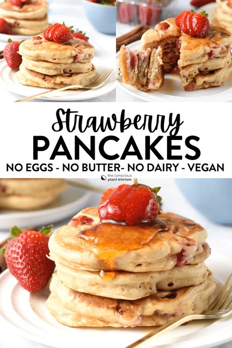 These Strawberry Pancakes are the most fluffy easy pancakes ever filled with juicy pieces of strawberries. Plus, these pancakes are also dairy-free, egg-free and perfect as a vegan breakfast. Vegan Pancakes Easy 3 Ingredient, Easy Vegan Pancakes 3 Ingredients, Strawberry Pancakes For Baby, Vegan Oat Pancakes No Banana, Vegan Strawberry Pancakes, Strawberry Pancakes Recipe, Sweet Potato Pancakes Vegan, Vegan Pancake Recipe, Strawberry Banana Pancakes